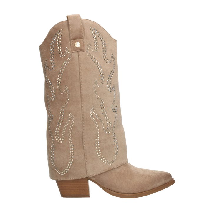 Bota Xti Dama Beige Vaquera Casual Pedrería Tacón Mujer