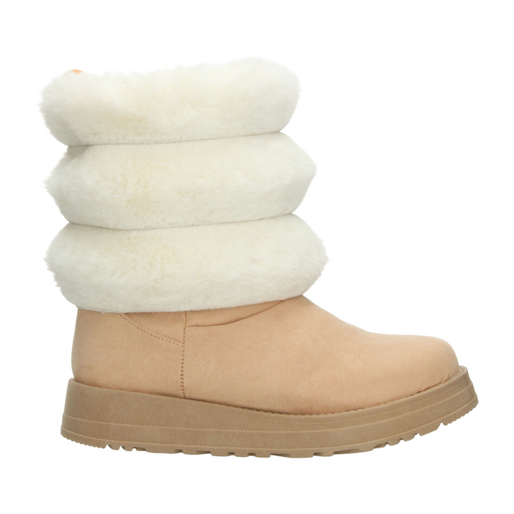 Bota Rojo Cereza Dama Beige Invierno Casual Peluche Mujer