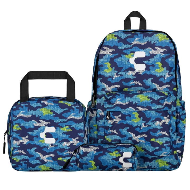 Set de Mochila Charly Camuflaje Niño Azul Escolar Lonchera Infantil